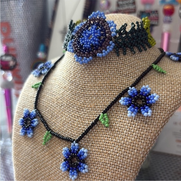 Handcrafted Blue Floral Beaded Necklace and Choker Set - Picture 3 of 6